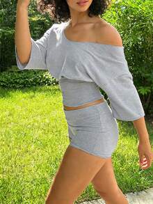 Glowmode Style Sports Set Asymmetrical Neck Top + High Waist Shorts - Grey - View 3