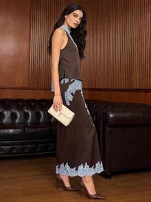 Luxurious Women's Midi Skirt Elegant Brown Polyester Non-Sheer With Intricate Lace Accents - Coffee Brown - View 7