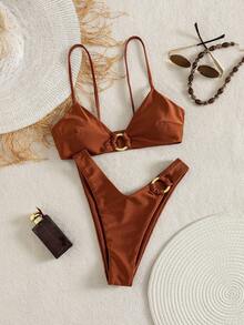 Women's Solid Color Metal Ring Detachable Bikini Set With Removable Straps, Summer Vacation Beach - Brown - View 3