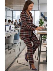 Elegant Women's Plaid Long-Sleeved Collar Suit Set, Paired With Regular Trousers, Woven Fabric, Two-Piece Set With A Warm Inner Lining. - Multicolor - View 2