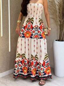 Long Strapless Dress With Print And Elasticated Crepe Fabric. Wrinkle-Free Fabric. - Orange - View 3