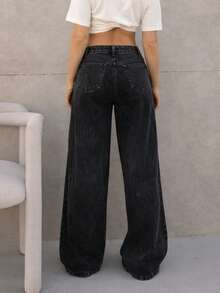 Women's Wide Leg Jeans With A Loose And Comfortable Fit - 深色水洗藍 - 查看 3
