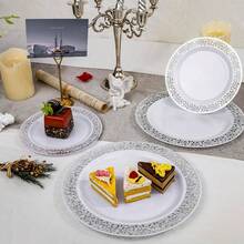 1个白色底银色镂空边餐盘，高端西式甜点盘，适用于婚礼/生日宴会/下午茶/家庭聚会/酒店自助餐/节日庆典，可重复使用的欧洲畅销餐具，餐盘，食物托盘 - 銀色 - 查看 8