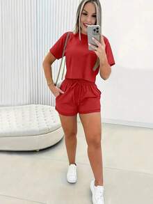 Conjunto de 2 piezas de camiseta y pantalones cortos de unicolor casual para mujer - Rojo - Ver 1