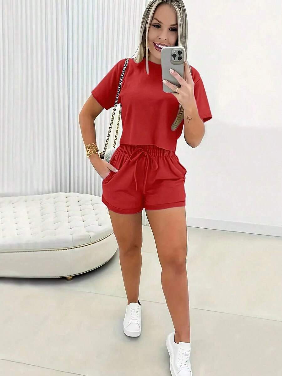 Conjunto de 2 piezas de camiseta y pantalones cortos de unicolor casual para mujer - Rojo - Ver 1