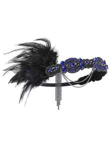 1920年代摩登女郎全套装备！粉色羽毛水钻发箍+几何水钻耳环+珍珠项链+白色手套，让您沉浸在爵士派对的迷人风情中 - 彩色 - 查看 10