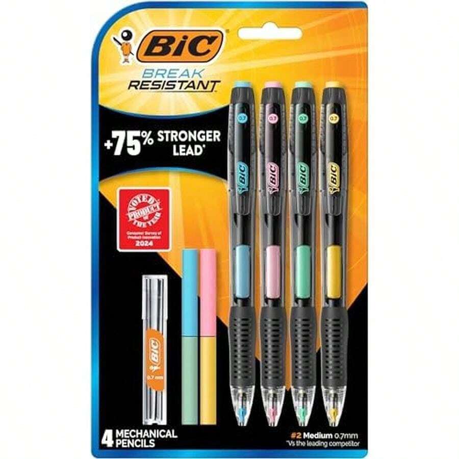 BIC Break Resistant Mechanical Pencils With Erasers, No. 2 Medium Point (0.7mm), 4-Count Pack Pencils For School Or Office Supplies, Lead And Eraser Refills - Break-resistant-4 Count - View 1