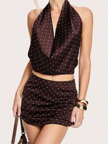 深V领波点吊带上衣和迷你裙套装，适合派对、晚宴、海滩穿着，春夏款 - 咖啡棕 - 查看 9
