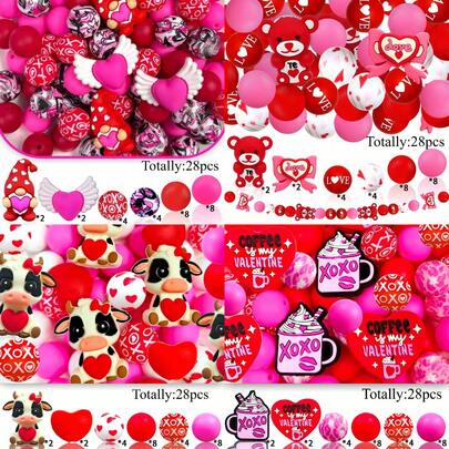 28pcs Silicone Beads, Valentine's Day Elements Coffee Lover Heart Coffee Calf Bear Animal Angel Heart XOXO Print Heart Shaped Fashion Design, Suitable For Jewelry Making, Ideal For DIY Bracelets, Lanyards, Beaded Pens, Holiday Decorations And Other Handicrafts - Perfect Birthday, Spring, Summer, Father's Day, Mother's Day Gift Making Accessories - Beading Set, Beading Supplies