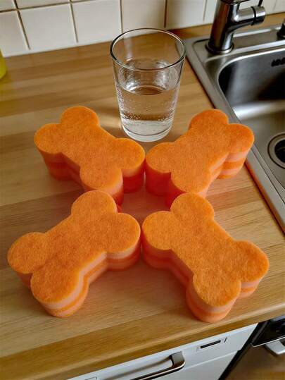 Set Of 4 Bone-Shaped Magic Sponges With A Three-Layer Design, Highly Absorbent, Durable, And Scratch-Resistant, Making Them An Ideal Choice For The Kitchen, Bathroom, And Living Room