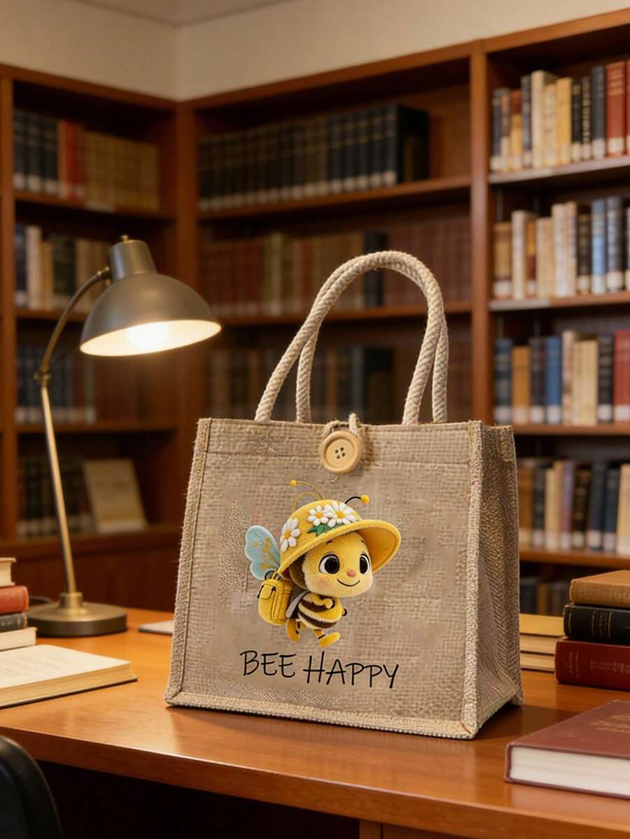两件套可爱蜜蜂戴帽子图案手提袋,印有“Bee Happy”字样,女士沙滩手提袋套装,便携购物袋,大容量手提包,带化妆袋,旅行手提包,适合假日度假周末短途旅行,送给新郎/新娘母亲的礼物,适合婚礼、订婚、单身派对、新娘送礼会、复活节等场合。 - 彩色 - 查看 1