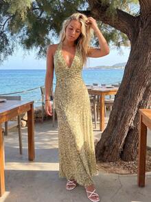 Vestido Largo Bohemio Sin Mangas Floral para Mujer, Cuello Alto y Ajustado, Ligero para Playa y Vacaciones de Verano - Verde - Ver 4