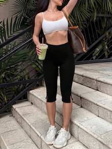 New Solid Color Elastic Fitted Bermuda Shorts With Slit Hem Black Summer - Black - View 8