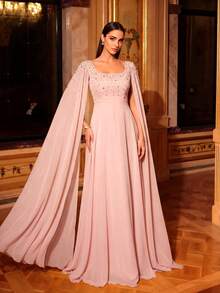 UNITHORSE Women's Square Neck Rhinestone Sequin Sleeve Solid Color Chiffon Evening Gown, Bridesmaid Dress, Wedding Guest Dress, Formal Dress, Bridal Dress, Birthday Dress, Graduation Gown - 粉色 - 查看 1