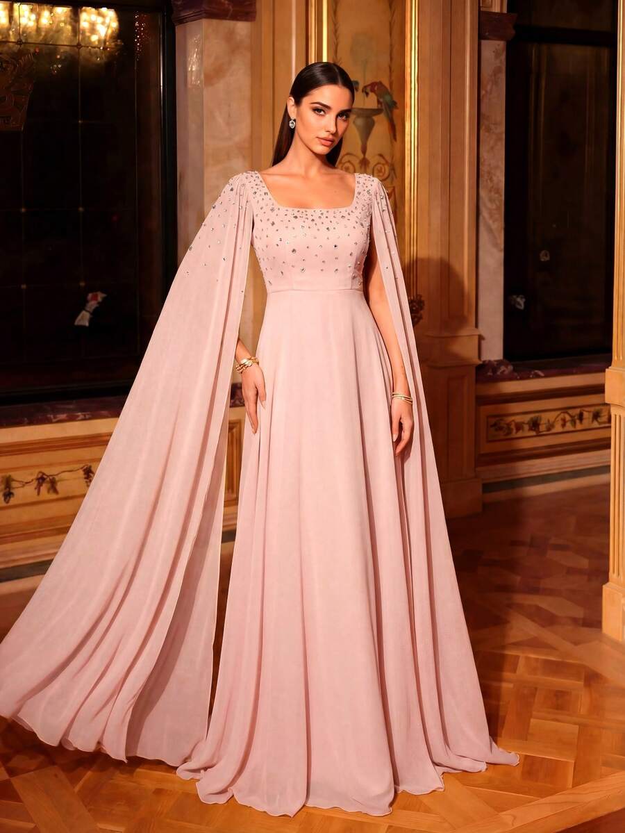 UNITHORSE Women's Square Neck Rhinestone Sequin Sleeve Solid Color Chiffon Evening Gown, Bridesmaid Dress, Wedding Guest Dress, Formal Dress, Bridal Dress, Birthday Dress, Graduation Gown - 粉色 - 查看 1