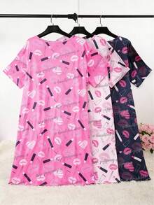 3件套女士情人节休闲睡衣，加大码爱心、嘴唇、口红印花短袖圆领睡裙 - 彩色 - 查看 2