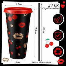 12pcs Cheetah Cherry Party Cups Red And Black Leopard Print Themed Cups With Lids And Straws 24 Oz Reusable Plastic Tumbler Bachelorette Cheetah Cherry Birthday Party - View 4