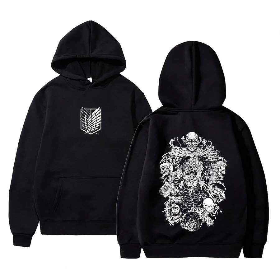 Anime Attack On Titan Eren Jaeger Graphic Hoodie Skeleton Print Sweatshirt Men Women Cartoon Manga Merch Fleece Cotton Hoodies - màu đen - Xem 1