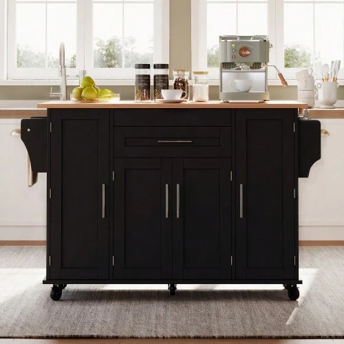 Mobile Kitchen Island 120*45cm, Kitchen Trolley, Worktop Extendable Up To 70cm, Concealed Cutlery Drawer, Adjustable Shelves, Spice Rack And Towel Rail, Suitable For The Kitchen, Dining Room Or Living Room - 黑色+自然木色 - 查看 1