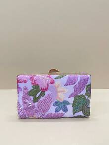 [Shiny Evening Bag] New Fashion Women's Clutch Bag, Decorated Box-Shaped Bag, Fashionable Shiny Evening Shoulder/Crossbody Small Square Bag, Sequin Embroidered Floral Chain Evening Bag Suitable For Weddings, Parties, Birthdays, Balls, Etc. (Random Pattern) - Violet Purple - View 6