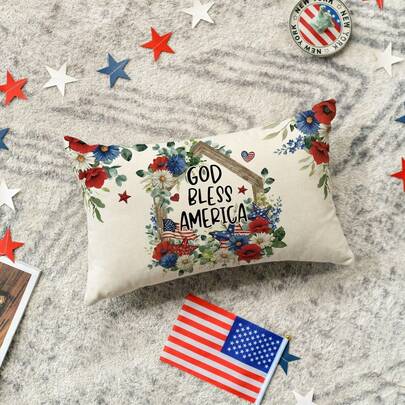 1 Vỏ gối họa tiết hoa anh túc ngày 4 tháng 7 "God Bless America", kích thước 12 x 20 inch, trang trí hình cờ Mỹ và lá bạch đàn, thích hợp cho ghế sofa, một mặt in, không bao gồm ruột gối.