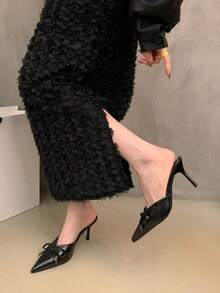 Sandalias de mujer de tacón fino y bajo con punta puntiaguda, lazo y sin talón para primavera/verano 2026 - Negro - Ver 3