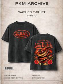 Men Black Washed Vintage Streetwear 100 Percent Cotton T Shirt Dragon And Flower Graphic With Vons Dutchs Text Casual Wear For Daily Outfits | Front And Back Print | Retro Heavyweight Tee | Perfect Gift | Loose Comfortable Breathable | Machine Washable Fabric | Hip Hop Cool Style | Drippy Clothes | Y2K Fashion - 黑色 - 查看 2