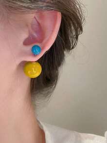 1 Đôi Khuyên Tai Nữ Hình Cầu Hai Mặt Phong Cách Pop Art Y2K Màu Xanh Và Vàng - Nhiều màu - Xem 2