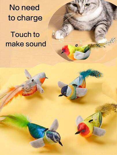 Realistic Chirping Bird Cat Toy, Feather Teaser Wand, Self-Entertaining Durable Chew Toy, Interactive Puzzle Toy For Cats
