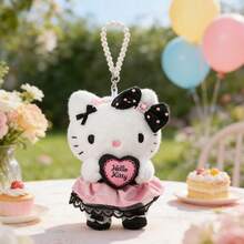 Miniso 1pc Hello Kitty Sparkling Party Series Plush Ornament (Heart-Shaped Mirror/Hugging Heart), Official IP, Pink And Black, Sweet And Chic Plush + Metal Material Keychain Accessory - Multicolor - View 6