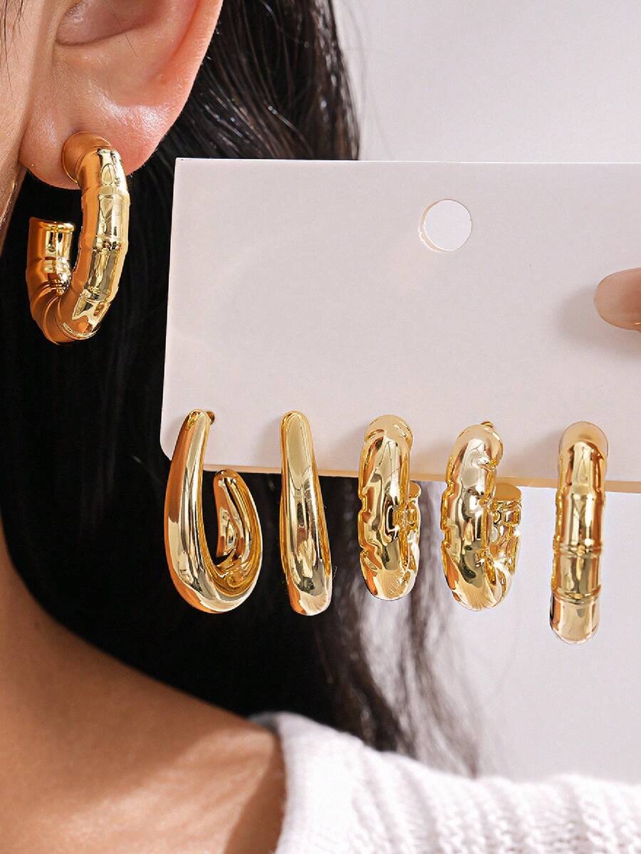 Bộ 6 khuyên tai dáng chữ C kiểu cổ điển. Đơn giản và đa năng. Cao cấp và thời trang. Bộ trang sức tai mang phong cách thanh lịch. - Vàng - Xem 1