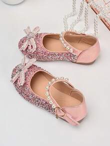Nuevos zapatos de estilo Mary Jane con diamante de imitación de moda para niños, zapatos de princesa para niños con lazo de perlas y brillo rosa - Rosa - Ver 7
