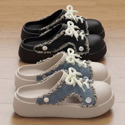 Women's Fashion Closed Toe Sandals, Summer Thick Sole Outdoor Slippers With Bow Tie, Hollow Out Breathable Comfortable EVA Slides