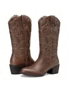 Western Cowboy Round Toe Mid-Calf Boots For Women - Cà phê nâu - Xem 6