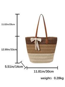 Gradient Striped Straw Tote Bag, Bow Tie Shoulder Bag, Large Capacity Woven Casual Bag, Retro PU Leather Strap, Fits , Casual Beach Vacation Bag, French Slouchy, Large Zipper Tote Bag, Commute & Travel Dual-Use Bag, Essential For Summer Beach Vacation - Coffee Brown - View 13
