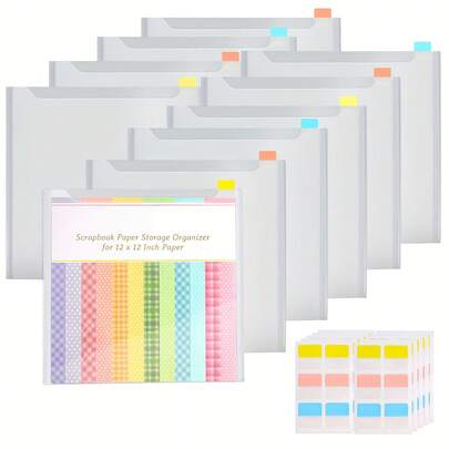 10 Organizador de papel para scrapbook de plástico transparente para hojas de 12x12 pulgadas con 60 pestañas de índice codificadas por color, bolsas de almacenamiento transparentes para cartulina, vinilo y papel de manualidades