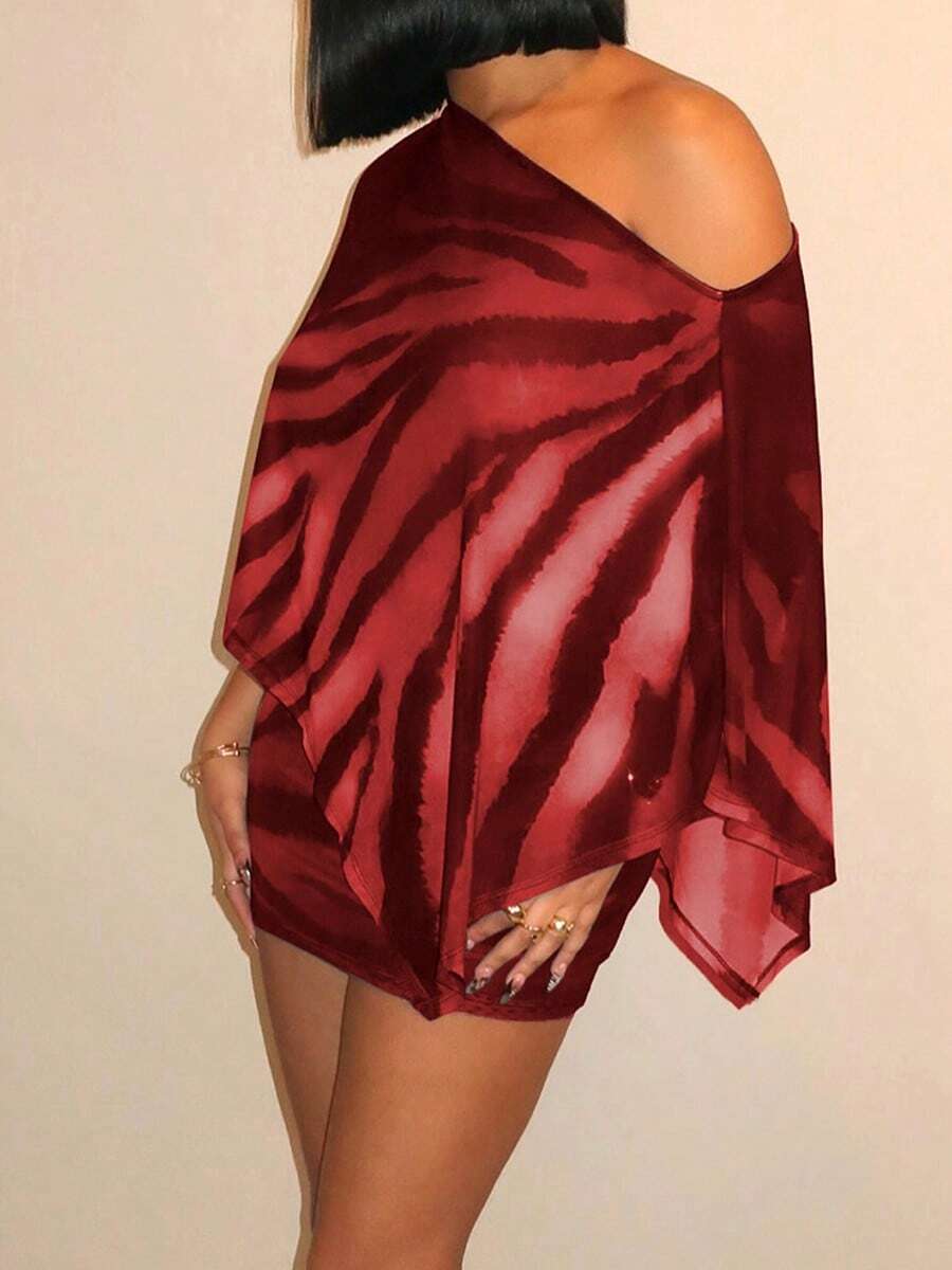 女士优雅酒红色两件套，不对称领口半透明上衣搭配斑马纹半身裙，适合派对穿着，现代时尚风格