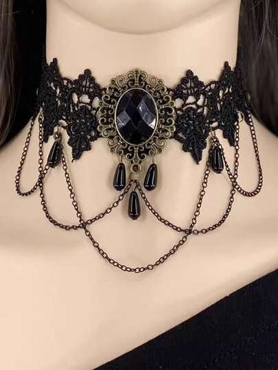 1件哥特风合金黑色颈链，镶嵌黑色锆石，短款项链，女士适用，派对及礼品