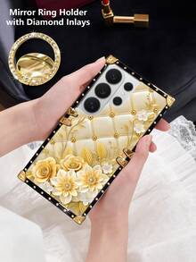 1个金色花朵菱形网格图案长方形时尚防震手机壳，带水钻镜面指环支架，兼容三星Galaxy S26 Ultra/S26/S26 Plus/S25FE/S25 Ultra/S25+/S25/S24 Plus/S24/S24U/S23 Ultra/S22 Ultra/A56 5G/A36/A17/A57 5G/A37 5G/A16和苹果17 Pro Max/17 Pro Max/16 Pro Max/15 Pro Max/14 Plus/15 Plus/14 Pro Max/13 Pro Max等型号。[国际版，非国内版] - 金色+指環支架 - 查看 4