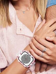 1pc Dual-Layer Sparkling Crystal Protective Case, Compatible With Apple Watch 40/41/42/44/45/46/49mm Series, Including Ultra/SE/11/10/9/8/7/6/5/4, Smart Watch Accessory, Pink - Hollow Pink - View 8
