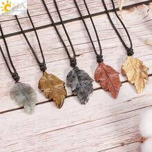 1pc Natural Stone Leaves Pendant Necklace For Women Healing Hand Carved Crystal Necklaces Man Jewelry Halloween Gift H246 - Necklace - View 1