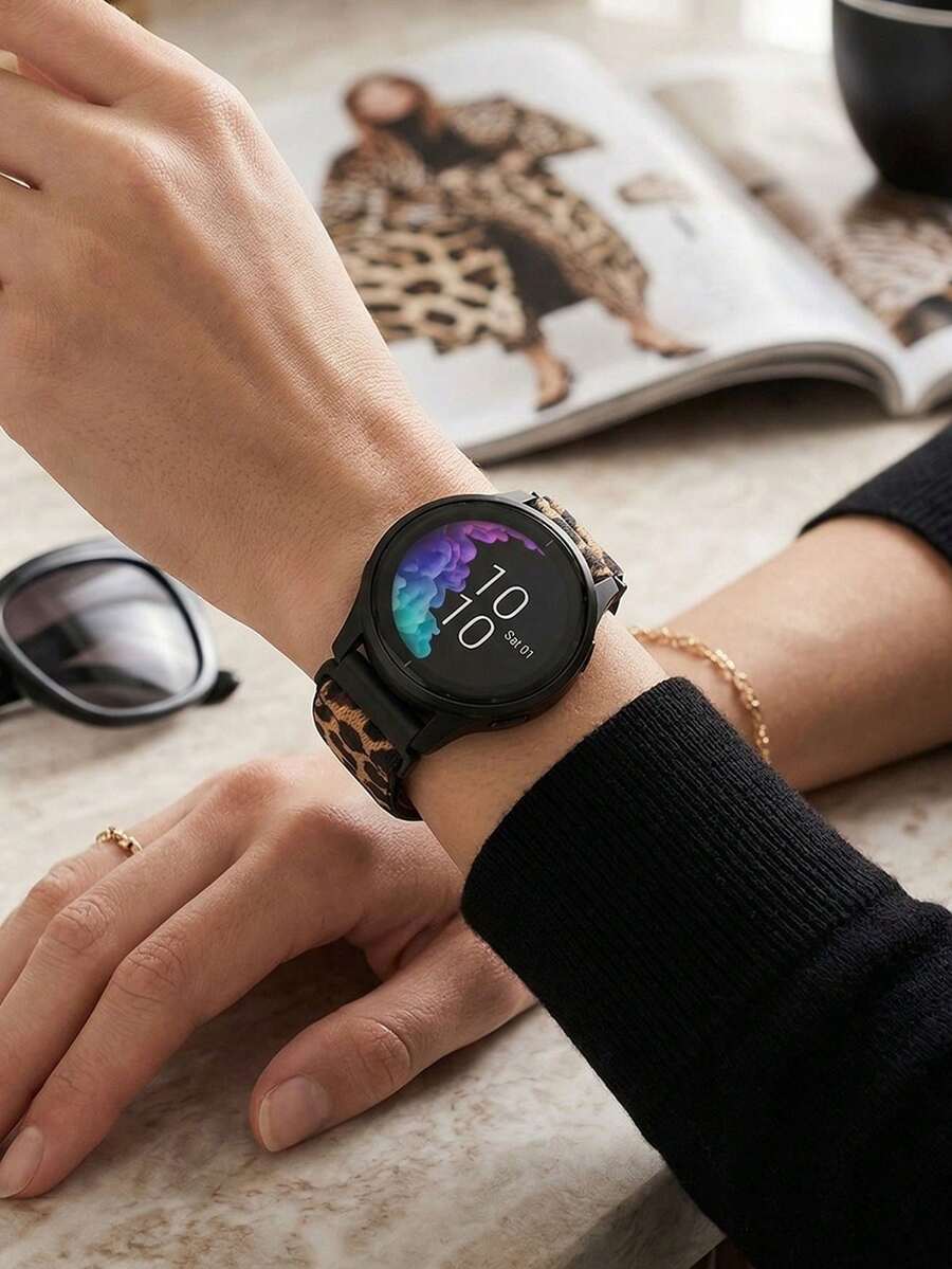 1pc Leopard Print Elastic Nylon Braided Solo Loop Watch Band & Hard PC Protective Bumper Case Set Compatible With Samsung Galaxy Watch 7 6 5 4 40mm 44mm, Leopard Print Stretchable Replacement Sport Strap & Case Compatible