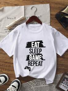 青少年男孩电子游戏图案白色短袖 T 恤，休闲舒适，适合 7-14 岁 - 白色 - 查看 1