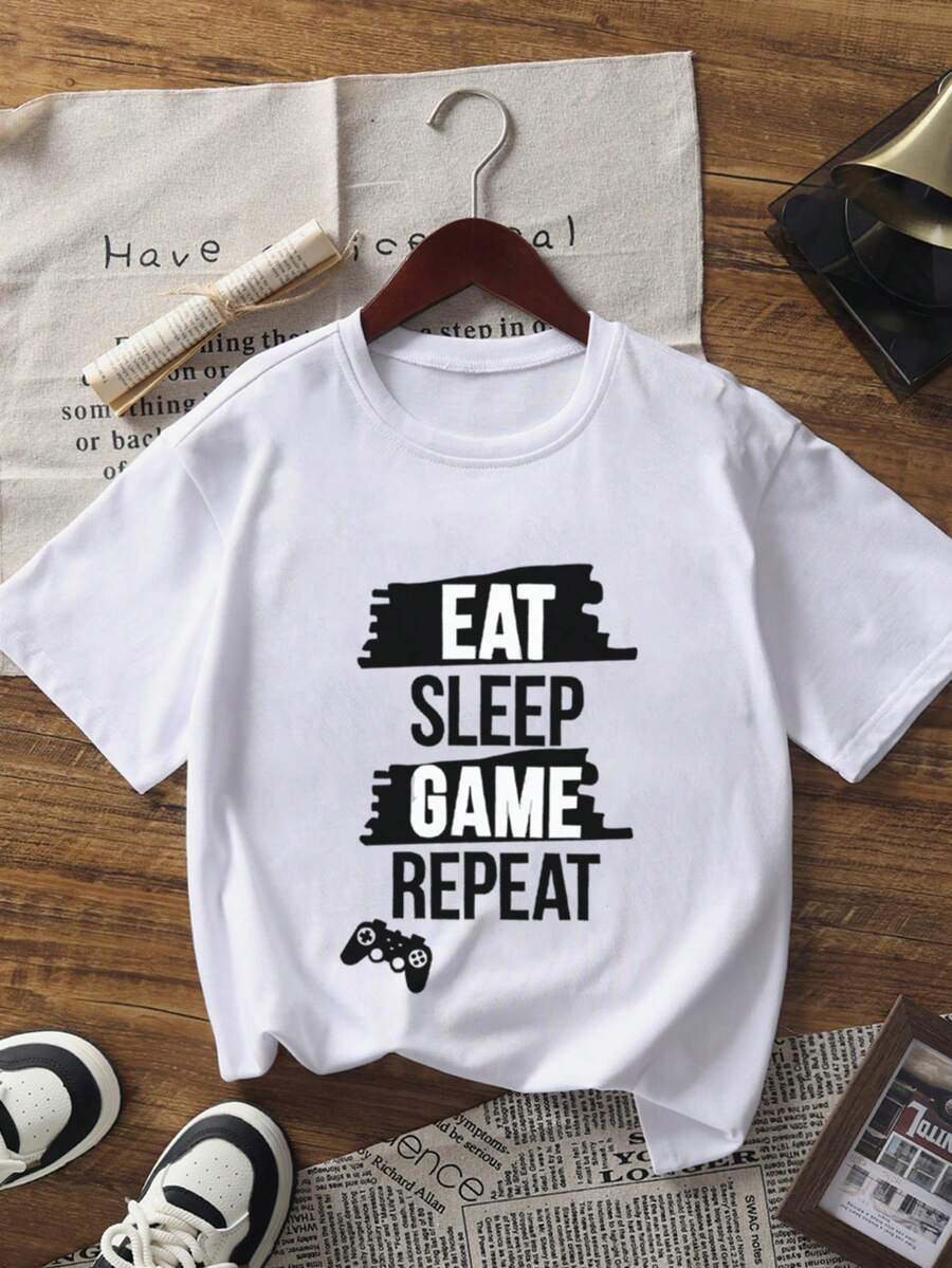 青少年男孩电子游戏图案白色短袖 T 恤，休闲舒适，适合 7-14 岁 - 白色 - 查看 1