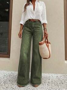 New Women's High-Quality Fashion Casual Loose Fit Denim Wide Leg Pants, Comfortable Fit, Suitable For All Seasons, Daily Stylish Outfit Spring - Army Green - View 3
