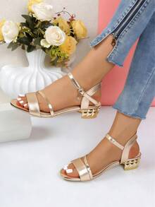 女童闪亮平底凉鞋，时尚搭扣露趾休闲日常派对性感粗跟金色凉鞋，适合青少年 - 金色 - 查看 6