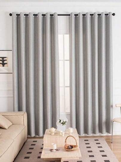 1pc Perforated Faux Linen Solid Color Blackout Curtain