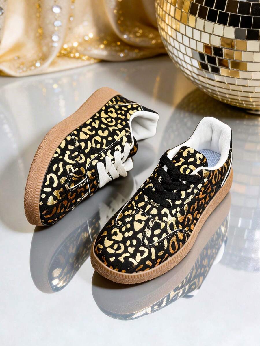 Giày thể thao nữ casual họa tiết da báo, nhẹ, thoáng khí, buộc dây, đế cao su chống trượt, màu đen vàng, thích hợp đi học hàng ngày. - màu đen - Xem 1