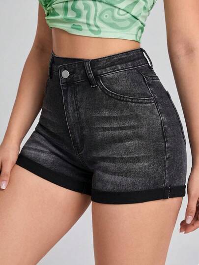 女士休闲直筒牛仔短裤，带拉链细节，中等弹力