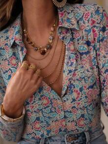 新款女士休闲波西米亚风印花长袖衬衫 - 多色印花纽扣优雅衬衫，适合日常休闲、度假、正式场合、通勤，百搭时尚，也适合婚礼、春季派对等场合。 - 水鴨藍 - 查看 5